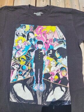 Mob Psycho 100 Anime Shirt Black Crew Neck Short Sleeve Graphic Tee Men's Medium
